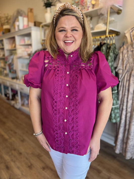 "Girls with Pearls" Curvy Magenta Lace Blouse