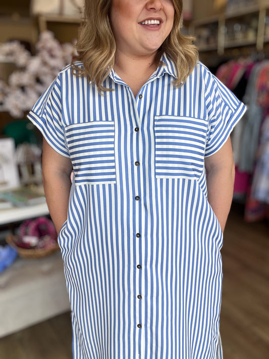 RESTOCKED! "Morning Glory" Curvy Blue Stripe Midi Dress