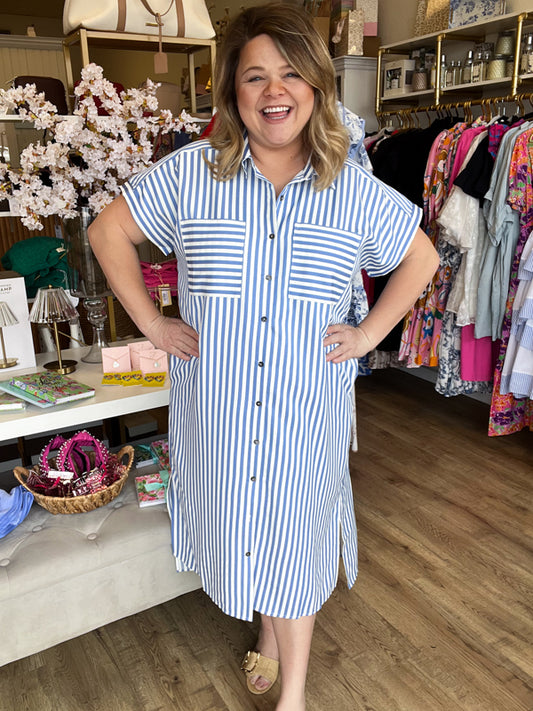 RESTOCKED! "Morning Glory" Curvy Blue Stripe Midi Dress