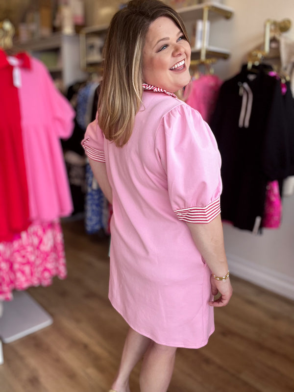 "Pinky Up" Curvy Pink Stripe Collared Dress