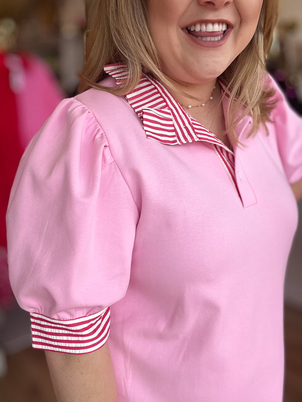 "Pinky Up" Curvy Pink Stripe Collared Dress