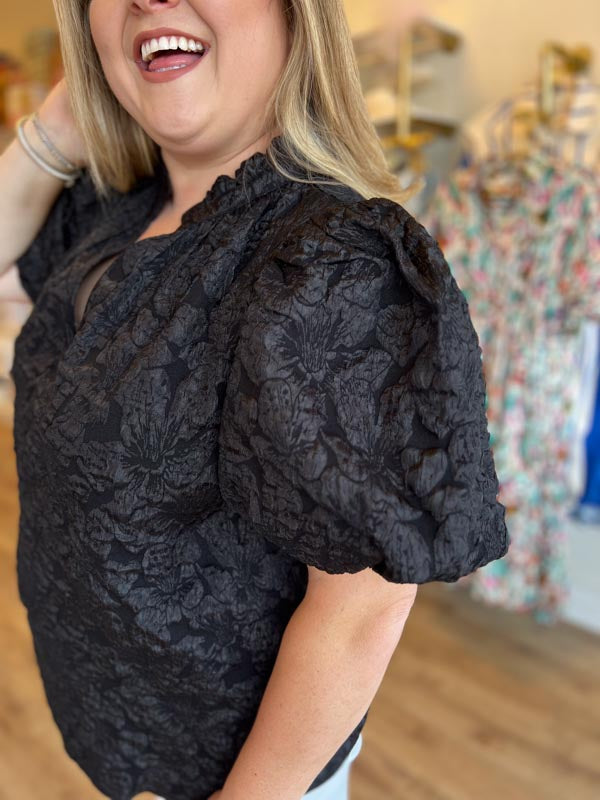 "Pop, Fizz, Clink" Black Jacquard Blouse