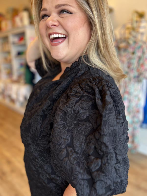"Pop, Fizz, Clink" Black Jacquard Blouse