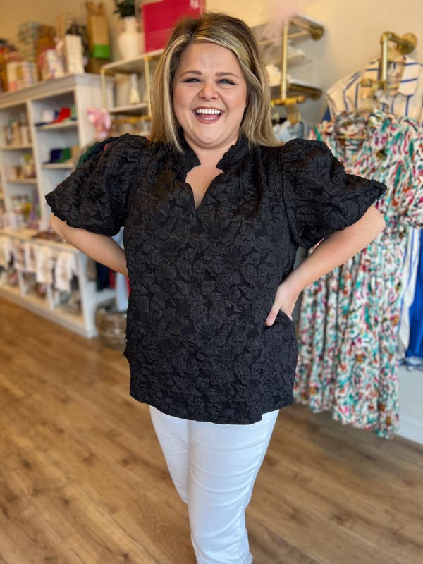 "Pop, Fizz, Clink" Black Jacquard Blouse