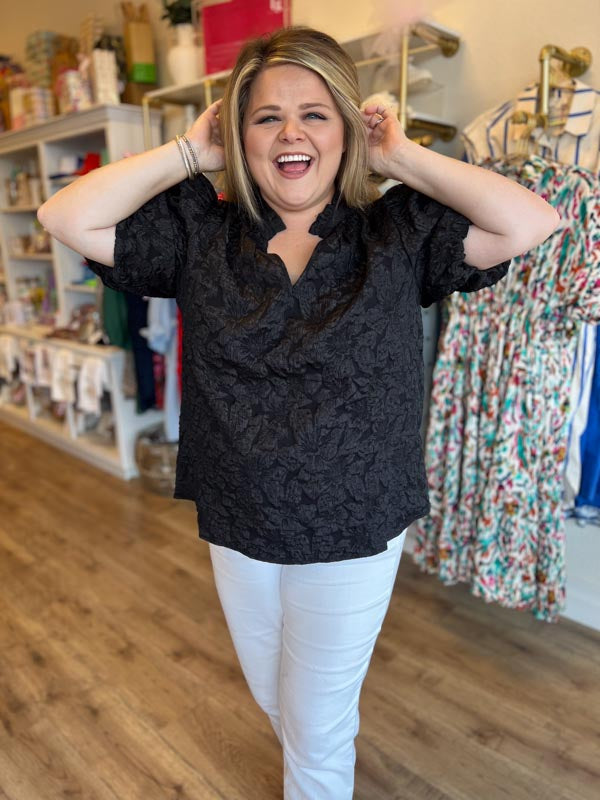 "Pop, Fizz, Clink" Black Jacquard Blouse