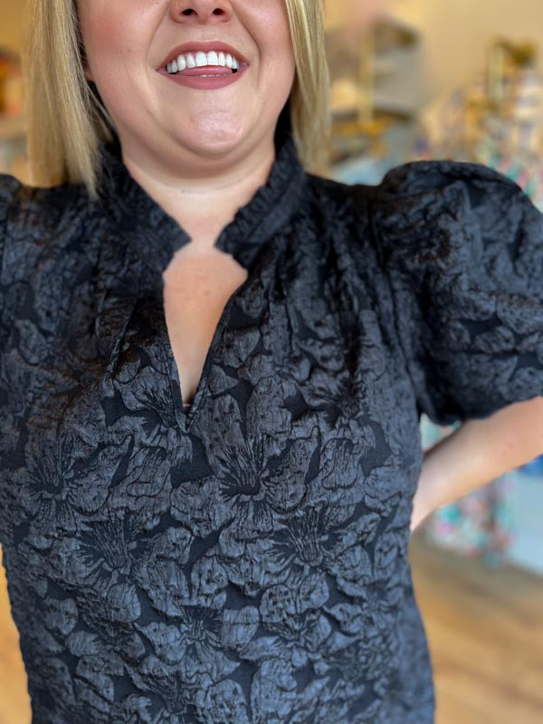 "Pop, Fizz, Clink" Black Jacquard Blouse