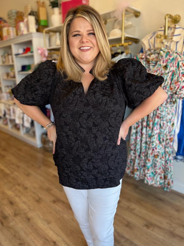 "Pop, Fizz, Clink" Black Jacquard Blouse