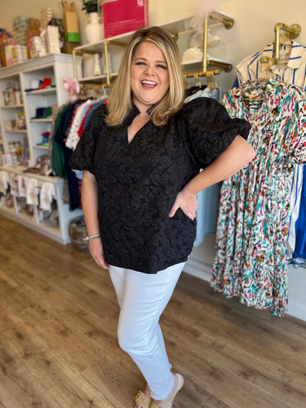 "Pop, Fizz, Clink" Black Jacquard Blouse