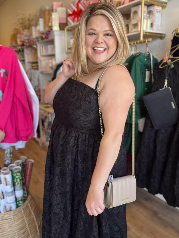 "Pour Me Some Eggnog" Plus-Size Black Jacquard Midi Dress