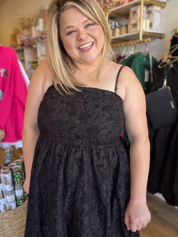 "Pour Me Some Eggnog" Plus-Size Black Jacquard Midi Dress
