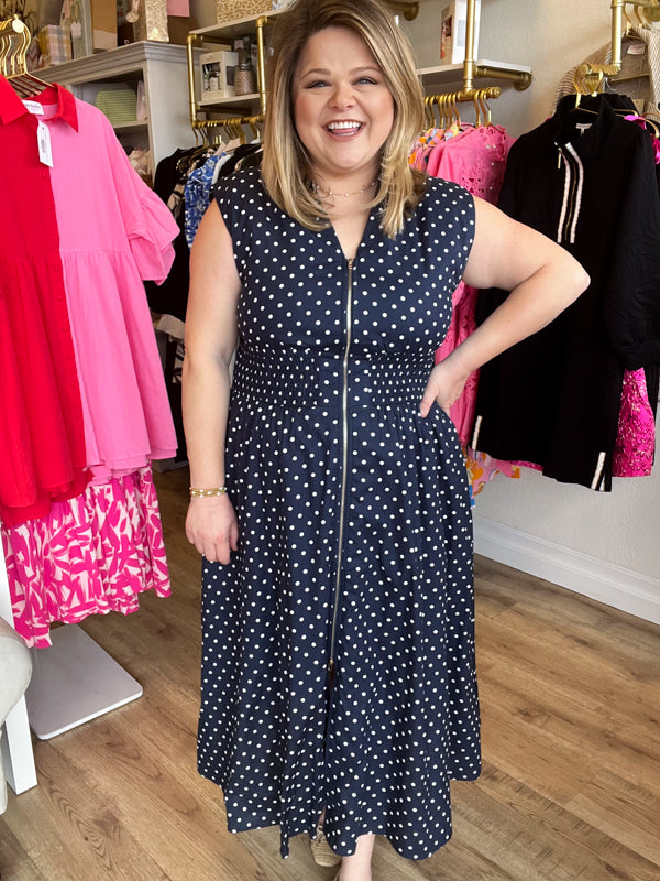 "Pretty, Pretty Woman" Curvy Navy Polka Dot Dress