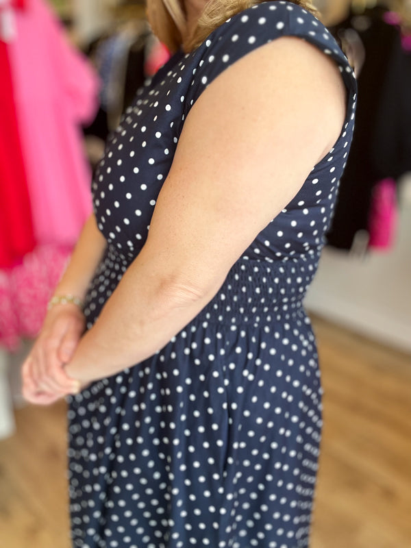"Pretty, Pretty Woman" Curvy Navy Polka Dot Dress