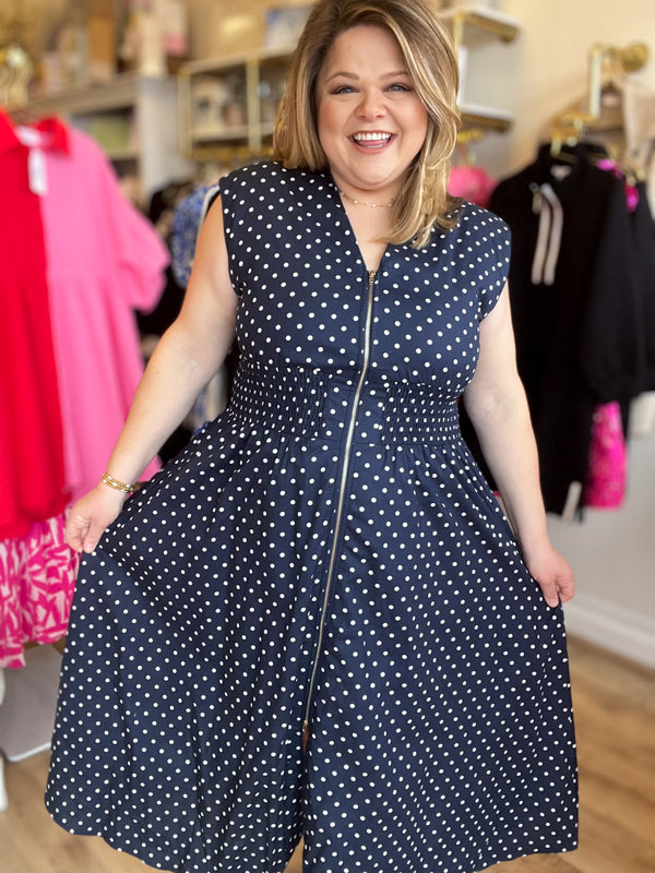 "Pretty, Pretty Woman" Curvy Navy Polka Dot Dress