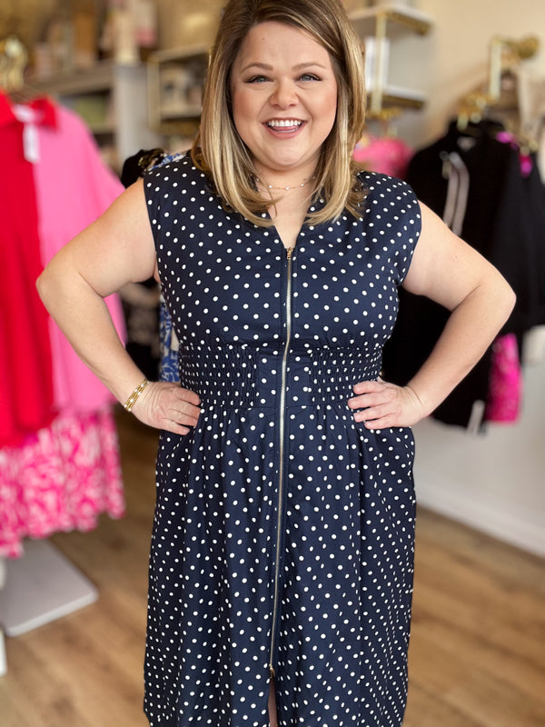 "Pretty, Pretty Woman" Curvy Navy Polka Dot Dress