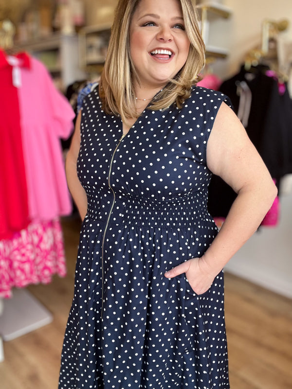 "Pretty, Pretty Woman" Curvy Navy Polka Dot Dress