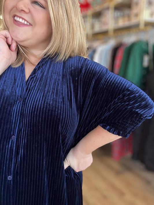 "Velvet Crush" Curvy Navy Velvet Midi Dress