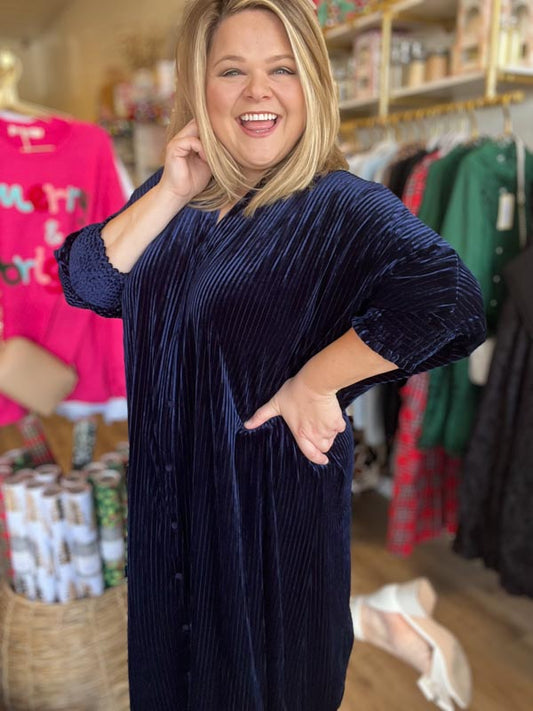 "Velvet Crush" Curvy Navy Velvet Midi Dress