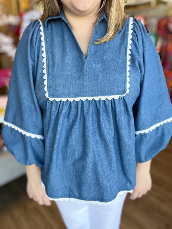 "Scallops & Shells" Denim Scallop 3/4 Sleeve Top
