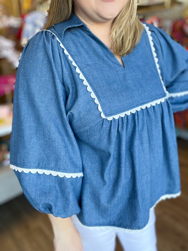 "Scallops & Shells" Denim Scallop 3/4 Sleeve Top