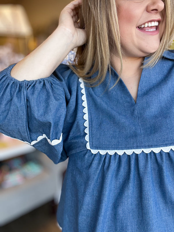 "Scallops & Shells" Denim Scallop 3/4 Sleeve Top
