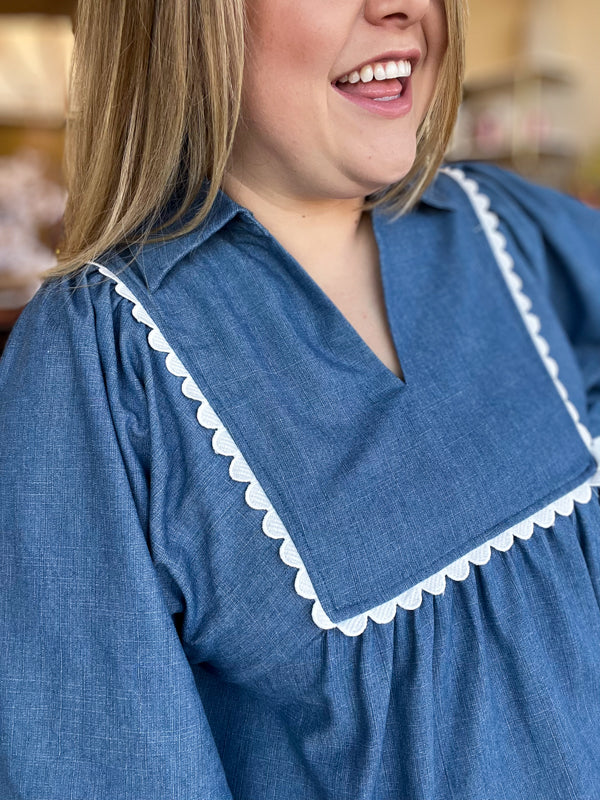 "Scallops & Shells" Denim Scallop 3/4 Sleeve Top