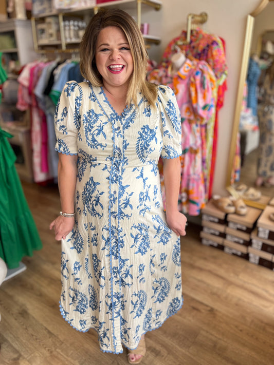 "Simply Sophie" Curvy Blue Paisley Midi Dress