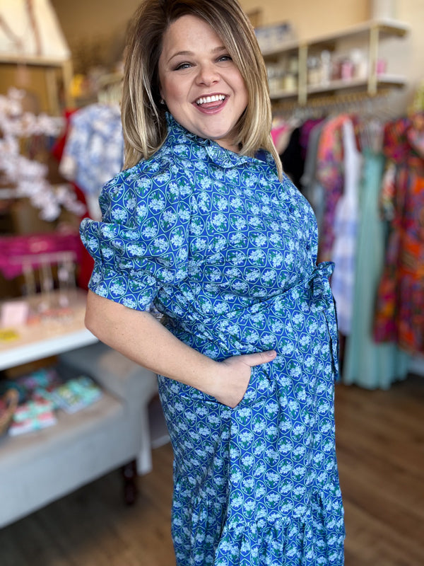 "Spring Meadows" Plus-Size Blue Floral Midi Dress