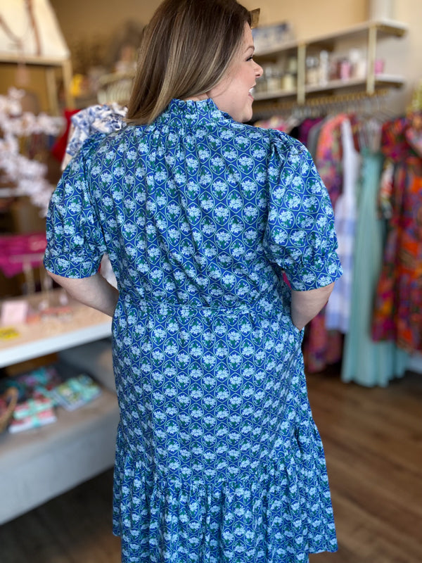 "Spring Meadows" Plus-Size Blue Floral Midi Dress