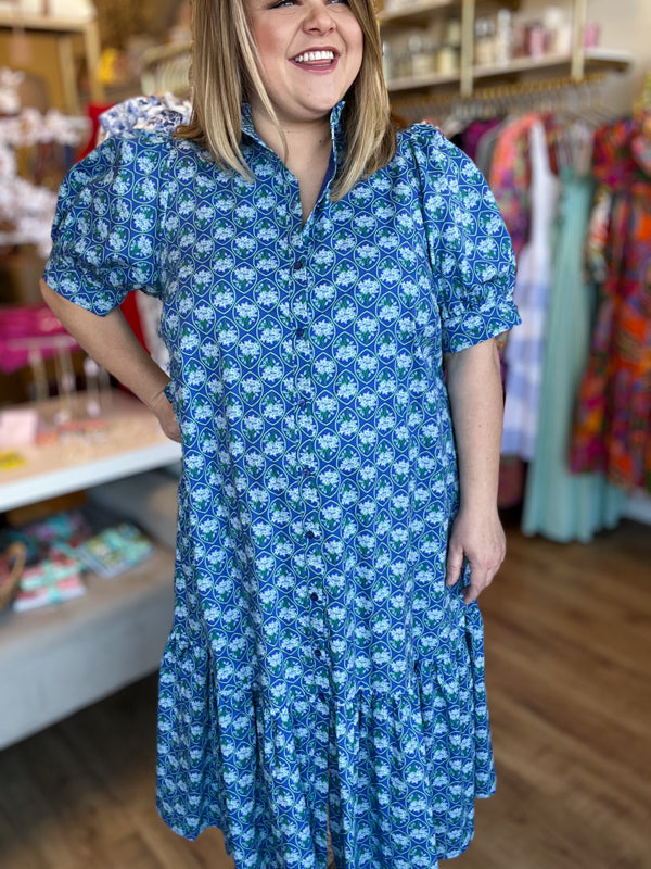 "Spring Meadows" Plus-Size Blue Floral Midi Dress