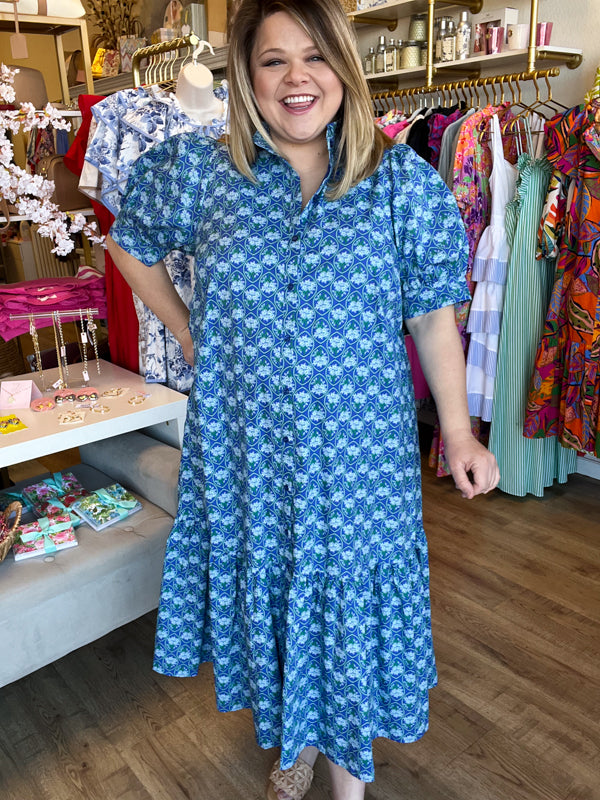 "Spring Meadows" Plus-Size Blue Floral Midi Dress