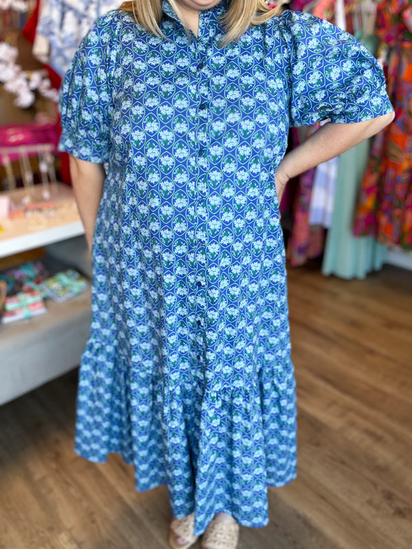"Spring Meadows" Plus-Size Blue Floral Midi Dress