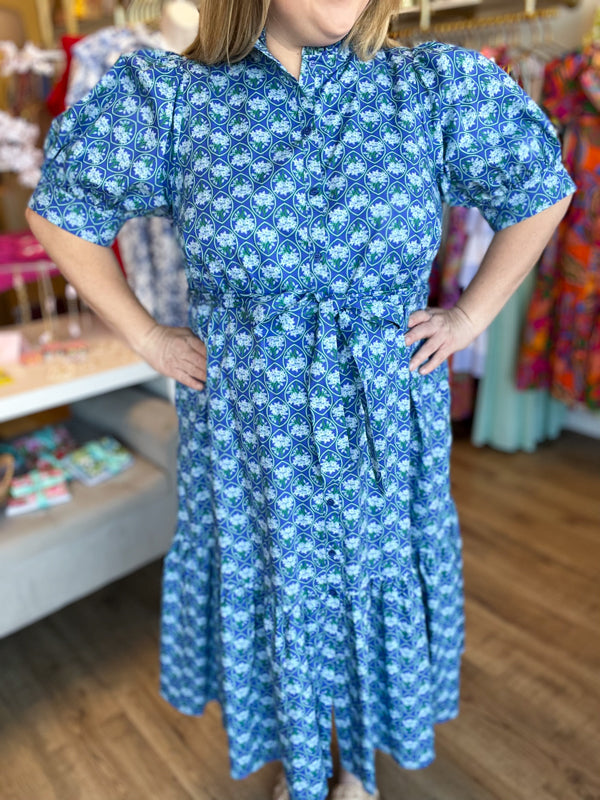 "Spring Meadows" Plus-Size Blue Floral Midi Dress