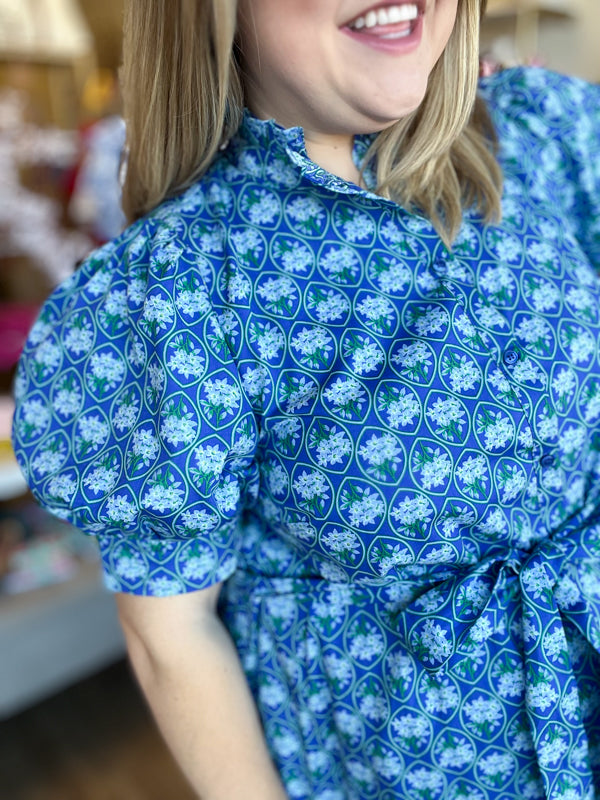"Spring Meadows" Plus-Size Blue Floral Midi Dress