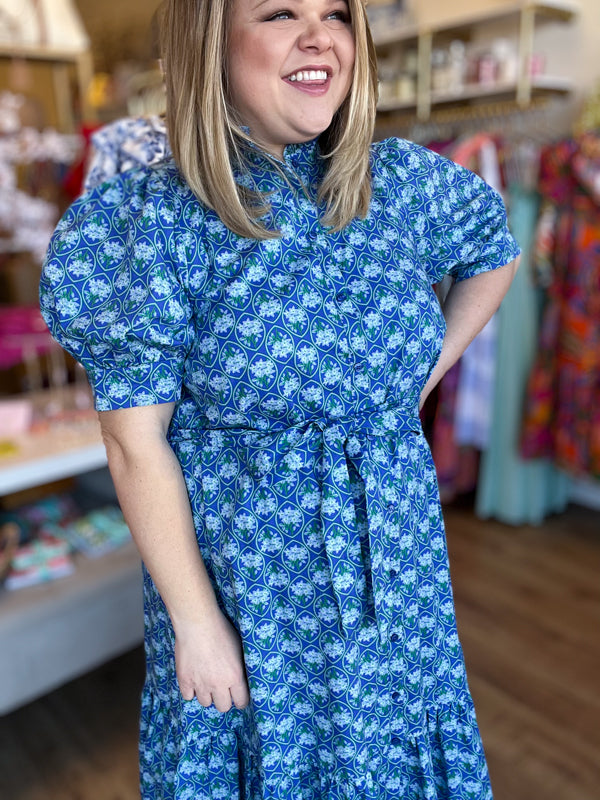 "Spring Meadows" Plus-Size Blue Floral Midi Dress