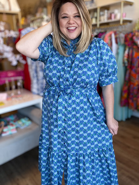 "Spring Meadows" Plus-Size Blue Floral Midi Dress
