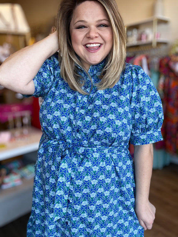 "Spring Meadows" Plus-Size Blue Floral Midi Dress