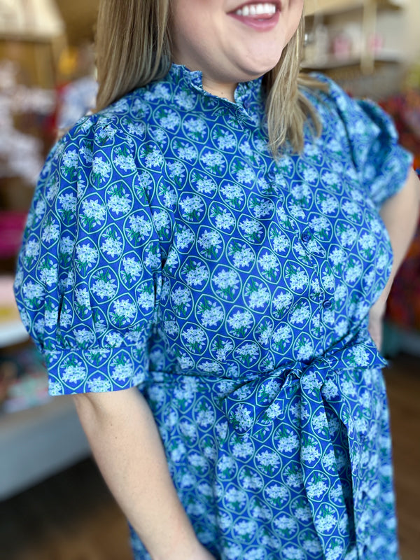 "Spring Meadows" Plus-Size Blue Floral Midi Dress