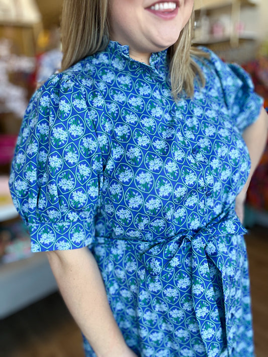 "Spring Meadows" Plus-Size Blue Floral Midi Dress