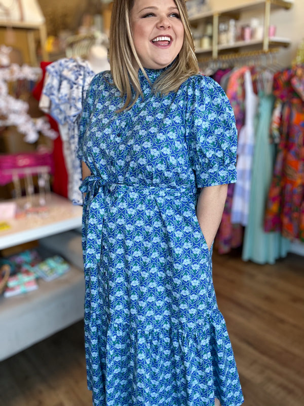 "Spring Meadows" Plus-Size Blue Floral Midi Dress