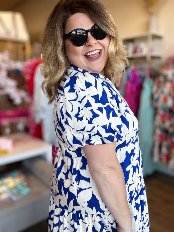 PRE-ORDER "Springtime in Savannah" Curvy Blue Floral Midi Dress