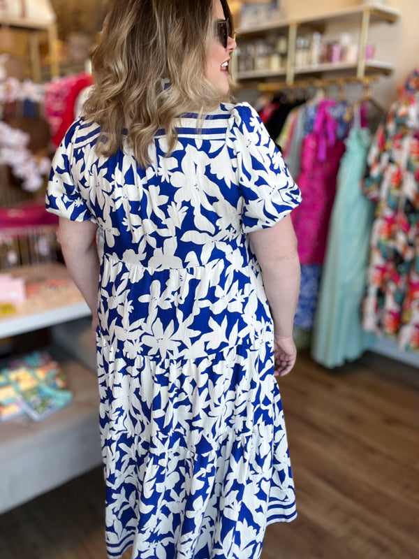 PRE-ORDER "Springtime in Savannah" Curvy Blue Floral Midi Dress