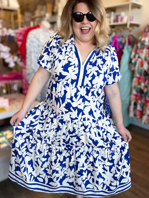 PRE-ORDER "Springtime in Savannah" Curvy Blue Floral Midi Dress