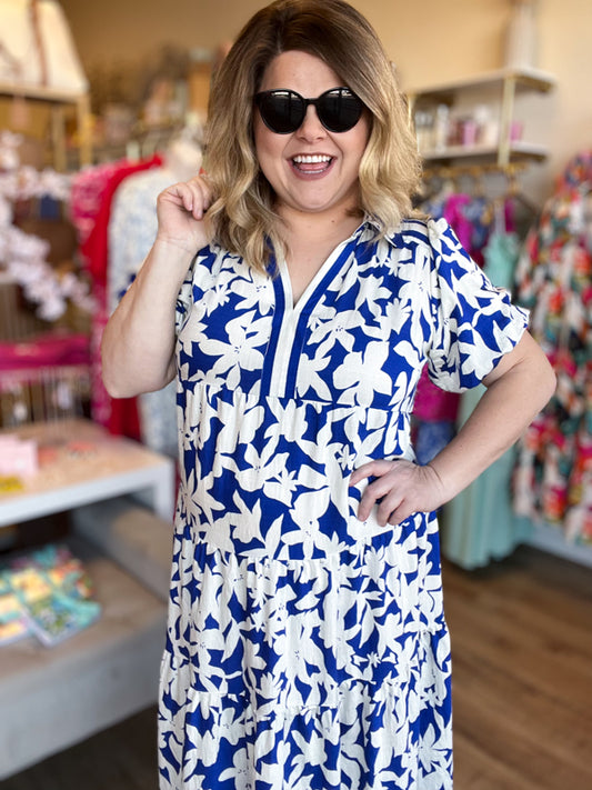 RESTOCKED! "Springtime in Savannah" Curvy Blue Floral Midi Dress