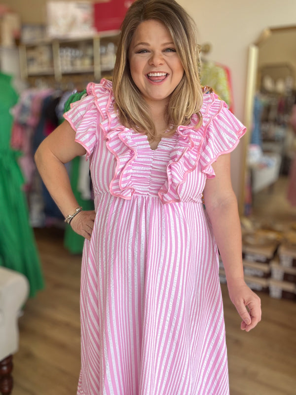RESTOCKED! Strawberry Daiquiri Curvy Stripe Flutter Midi Dress Large RESTOCKED! Strawberry Daiquiri Curvy Stripe Flutter Midi Dress Large