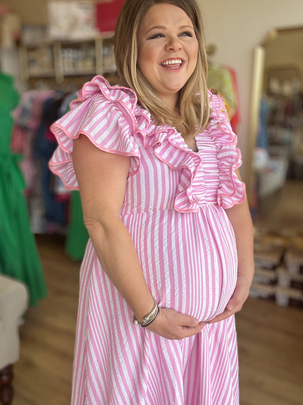 RESTOCKED! Strawberry Daiquiri Curvy Stripe Flutter Midi Dress