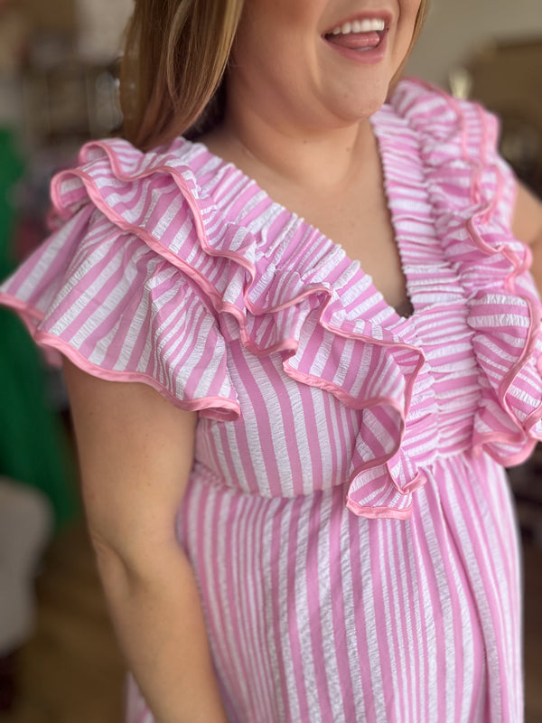 RESTOCKED! Strawberry Daiquiri Curvy Stripe Flutter Midi Dress