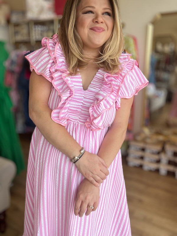 RESTOCKED! Strawberry Daiquiri Curvy Stripe Flutter Midi Dress