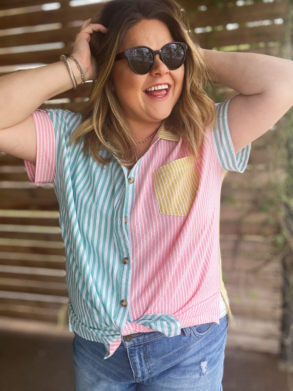 "Take Me Out to the Ballgame" Curvy Striped Button Up