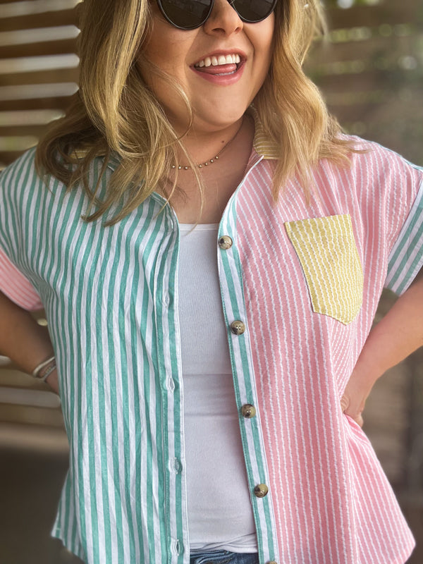 "Take Me Out to the Ballgame" Curvy Striped Button Up