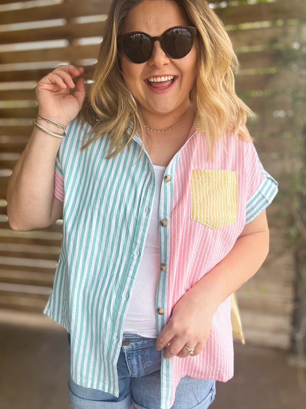 "Take Me Out to the Ballgame" Curvy Striped Button Up